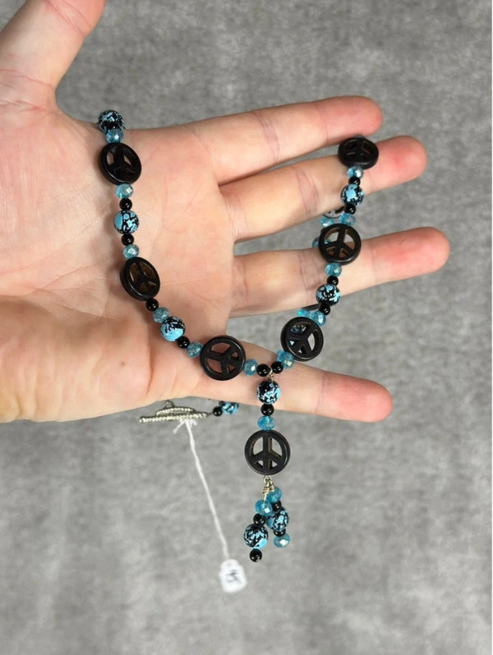 Handmade Blue and Black Peace Sign Beaded Necklace